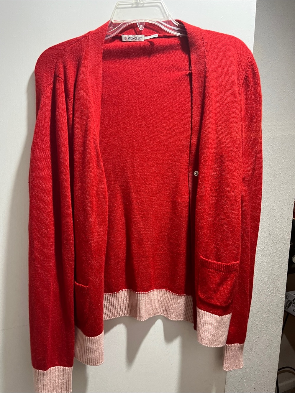 Moncler Red Cardigan with light pink ribbed cuffs and hem